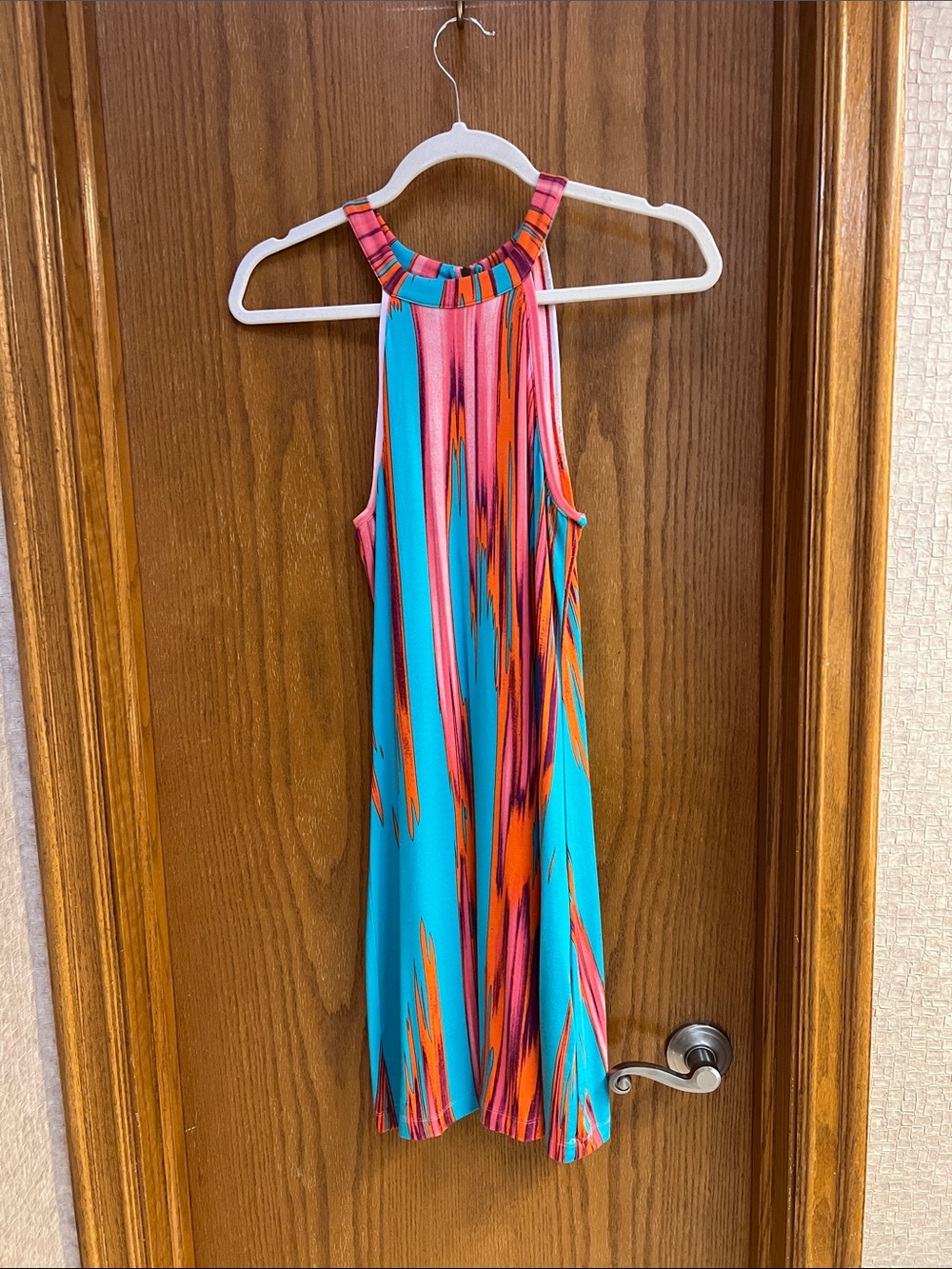 Tart Sleeveless Halter Dress in Turquoise, Coral & Orange Abstract Print. Small.